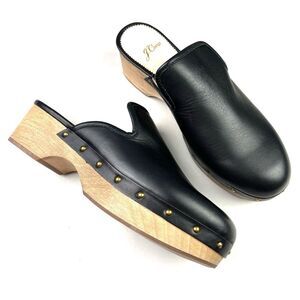 New J. Crew Black Leather Wood Heel Clogs size 7.5